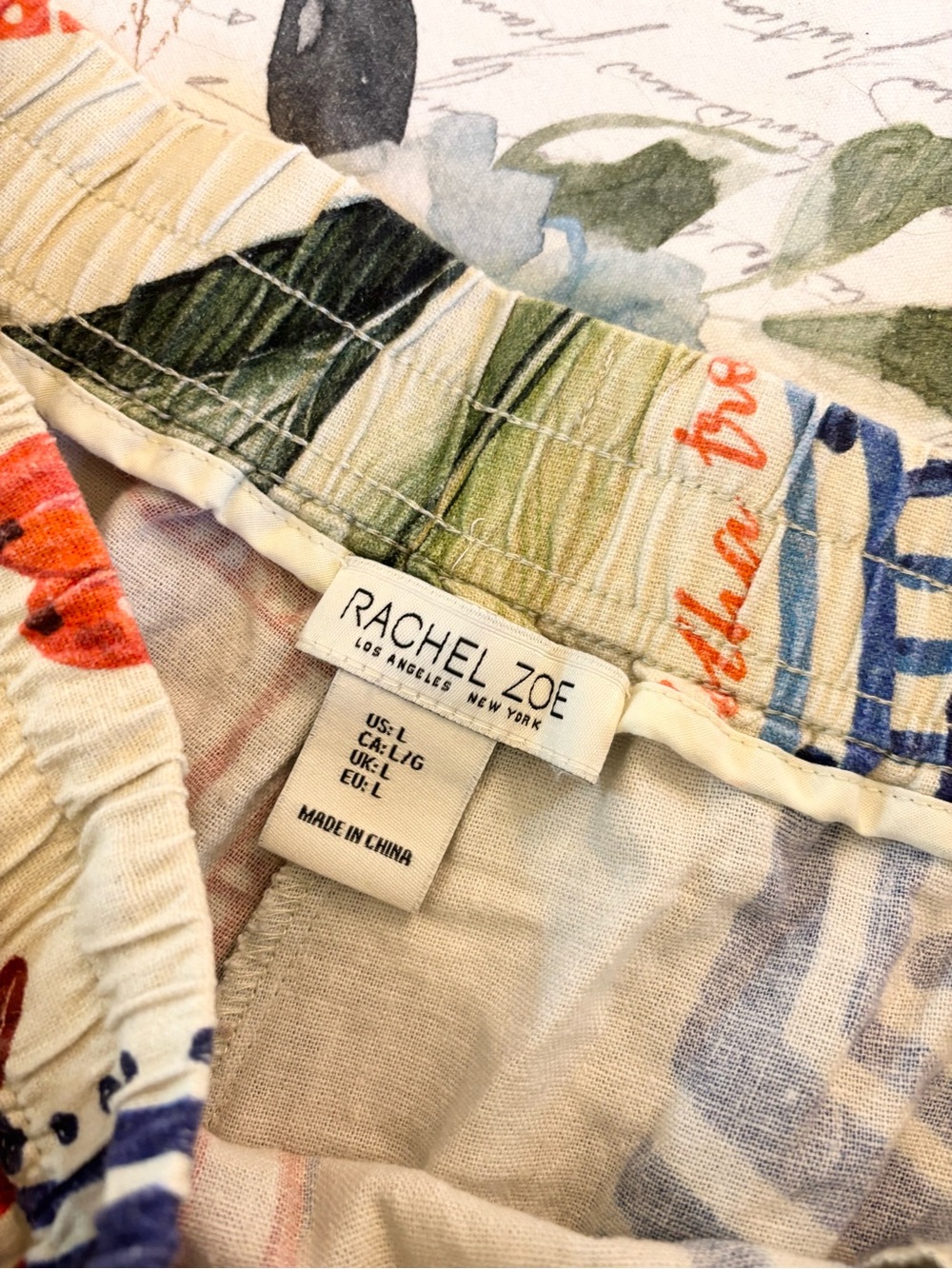 Rachel Zoe Cream Tropical Fruit Print Wide Leg linen Pants - Picture 5 of 9